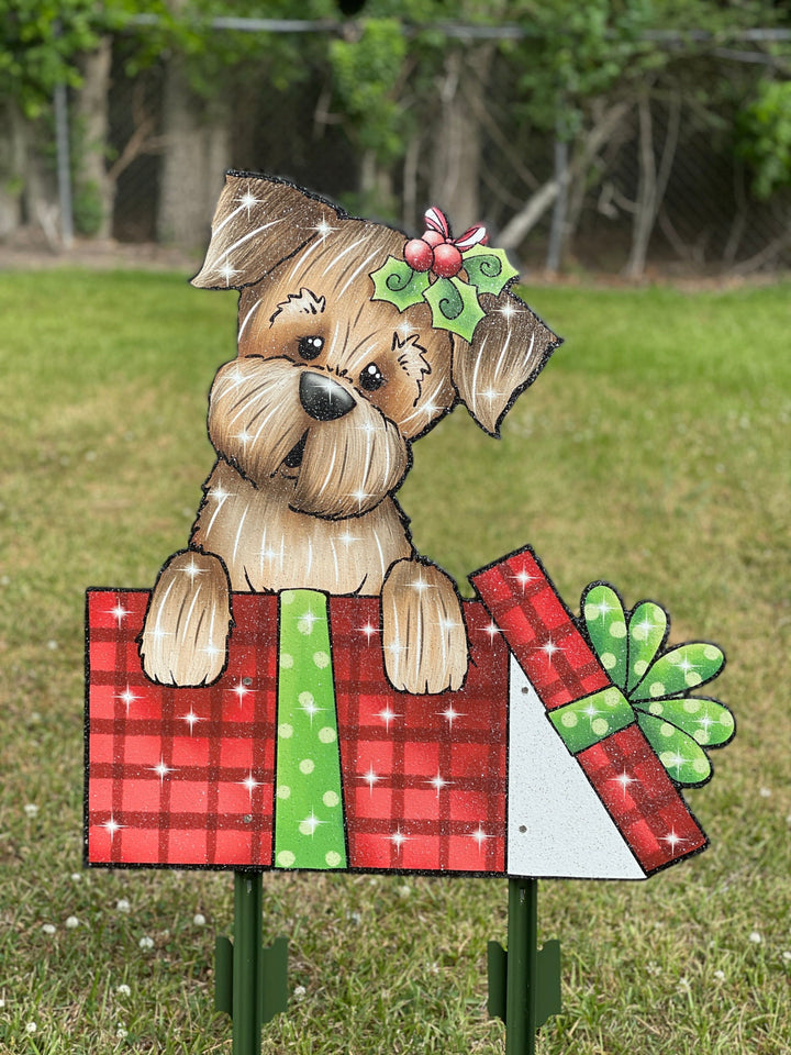 Puppy Dog in a Red Gift Box Christmas Outdoor Decoration