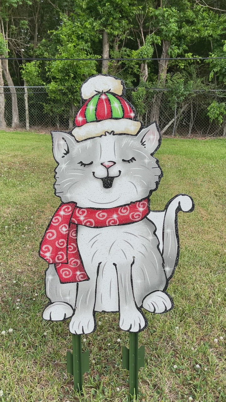 Gray Singing Kitty Striped Hat Christmas Outdoor Decoration