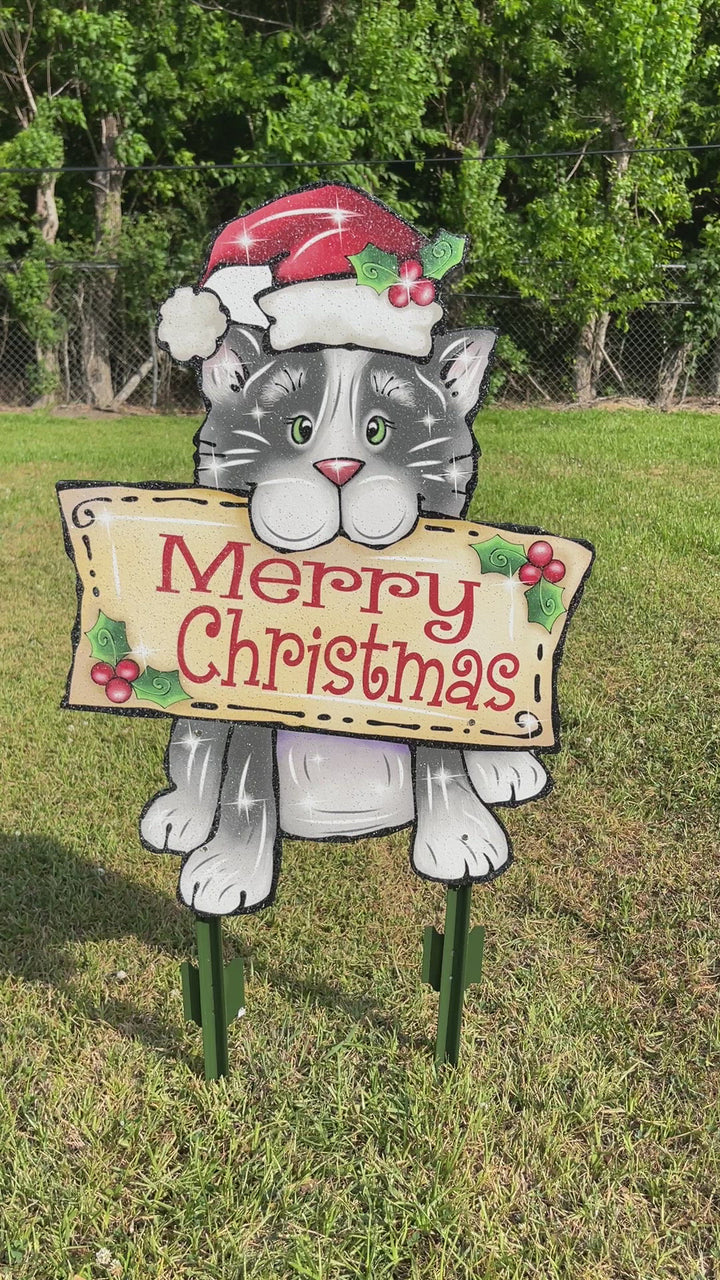 Christmas Kitty Cat with Merry Christmas Sign Outdoor Decor