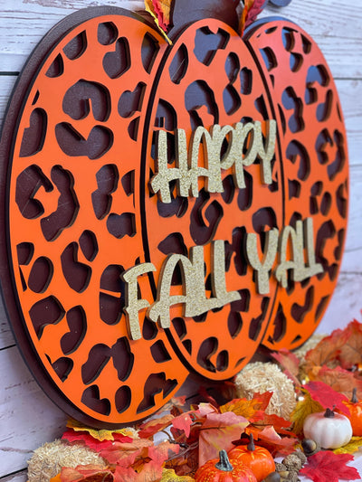 Happy Fall Y'all Leopard Print Pumpkin Shelf Sitter Halloween Decor