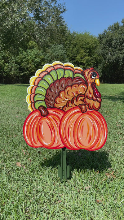 turkey on pumpkins painted yard art 