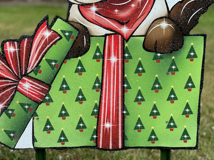Christmas Smiling Kitty in Christmas box Yard Art