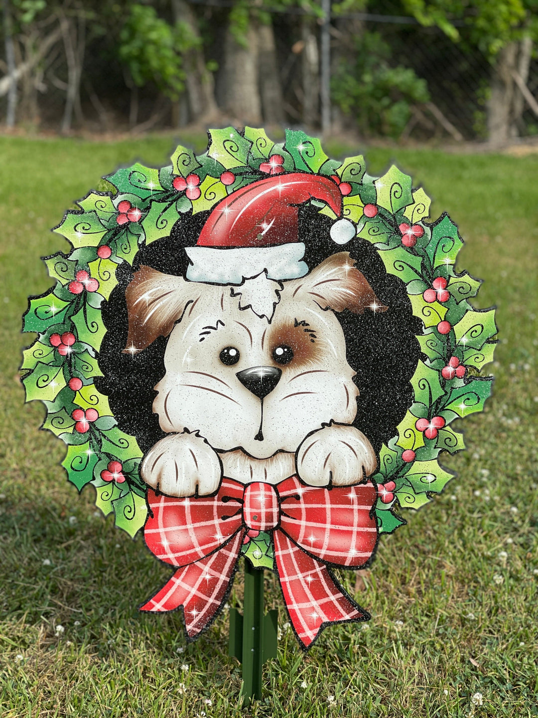 Christmas Puppy in Mistletoe Wreath Yard Decoration
