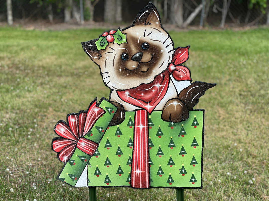 Christmas Smiling Kitty in Christmas box Yard Art