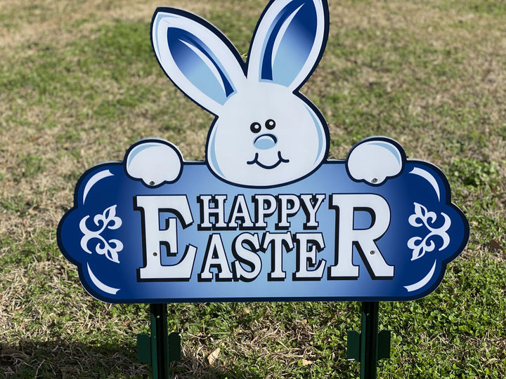 Blue Happy Easter Sign with Bunny Face
