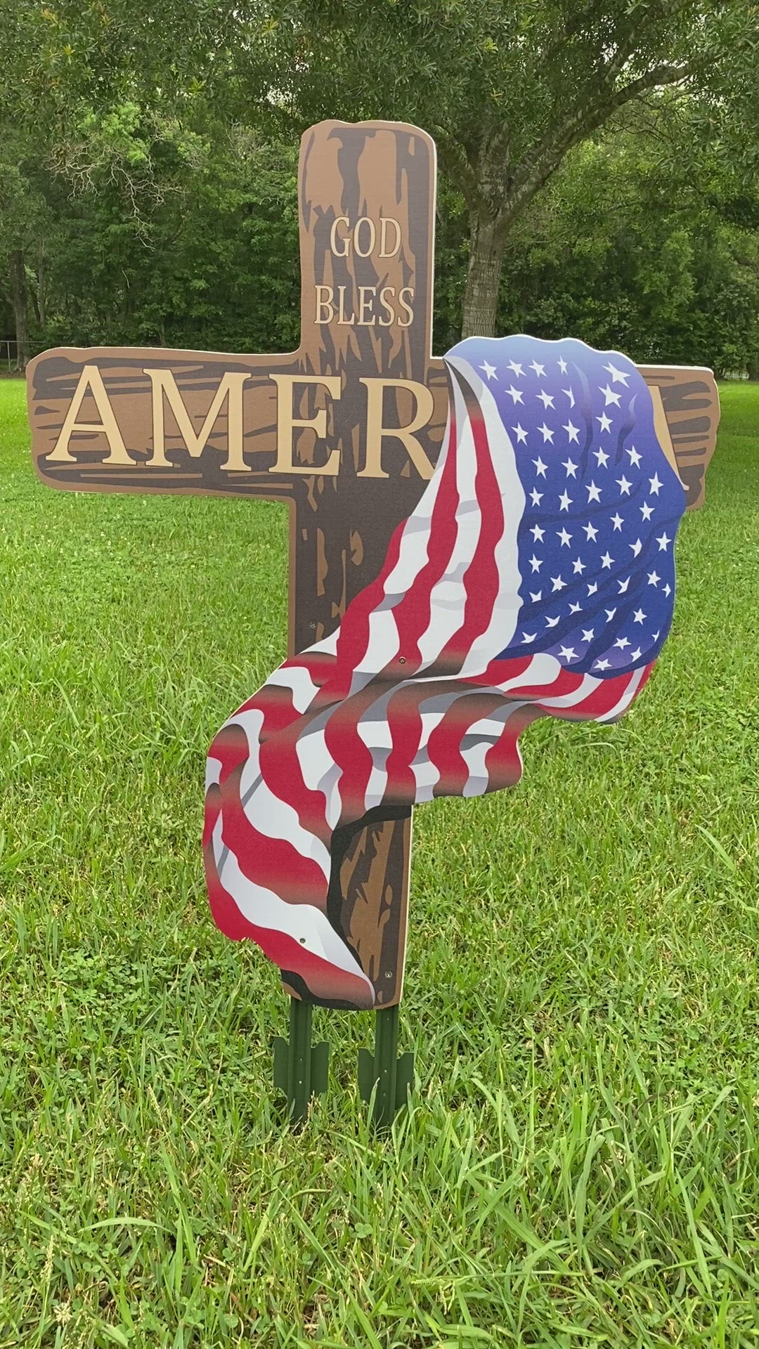 Patriotic Yard Art Brown Cross with American Flag