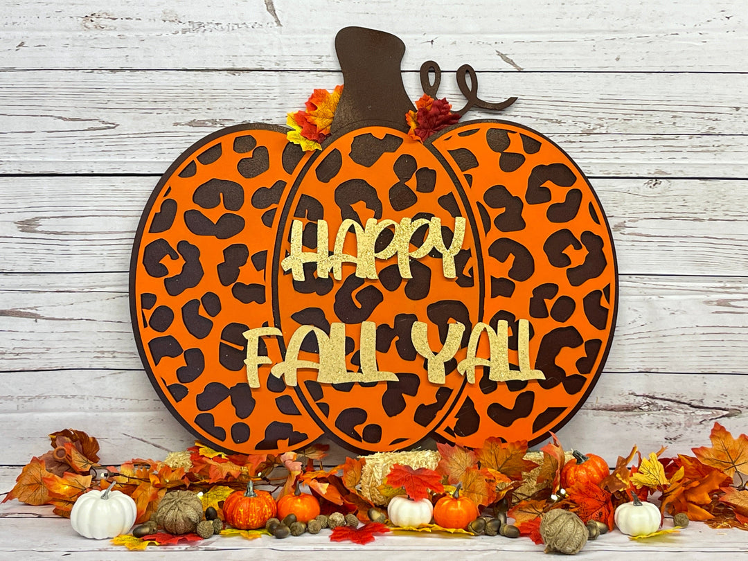 Happy Fall Y'all Leopard Print Pumpkin Shelf Sitter Halloween Decor