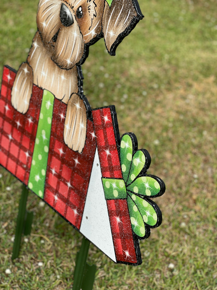 Christmas Dog climbs out of Christmas Gift Box Yard Art Decoration