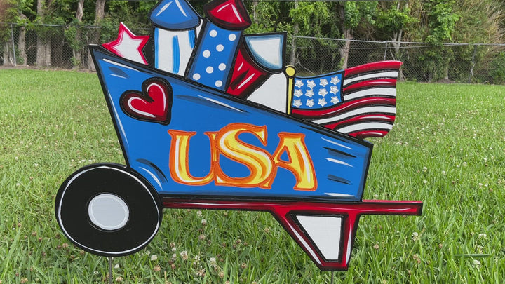 Fire cracker USA wheel barrow blank yard art decoration