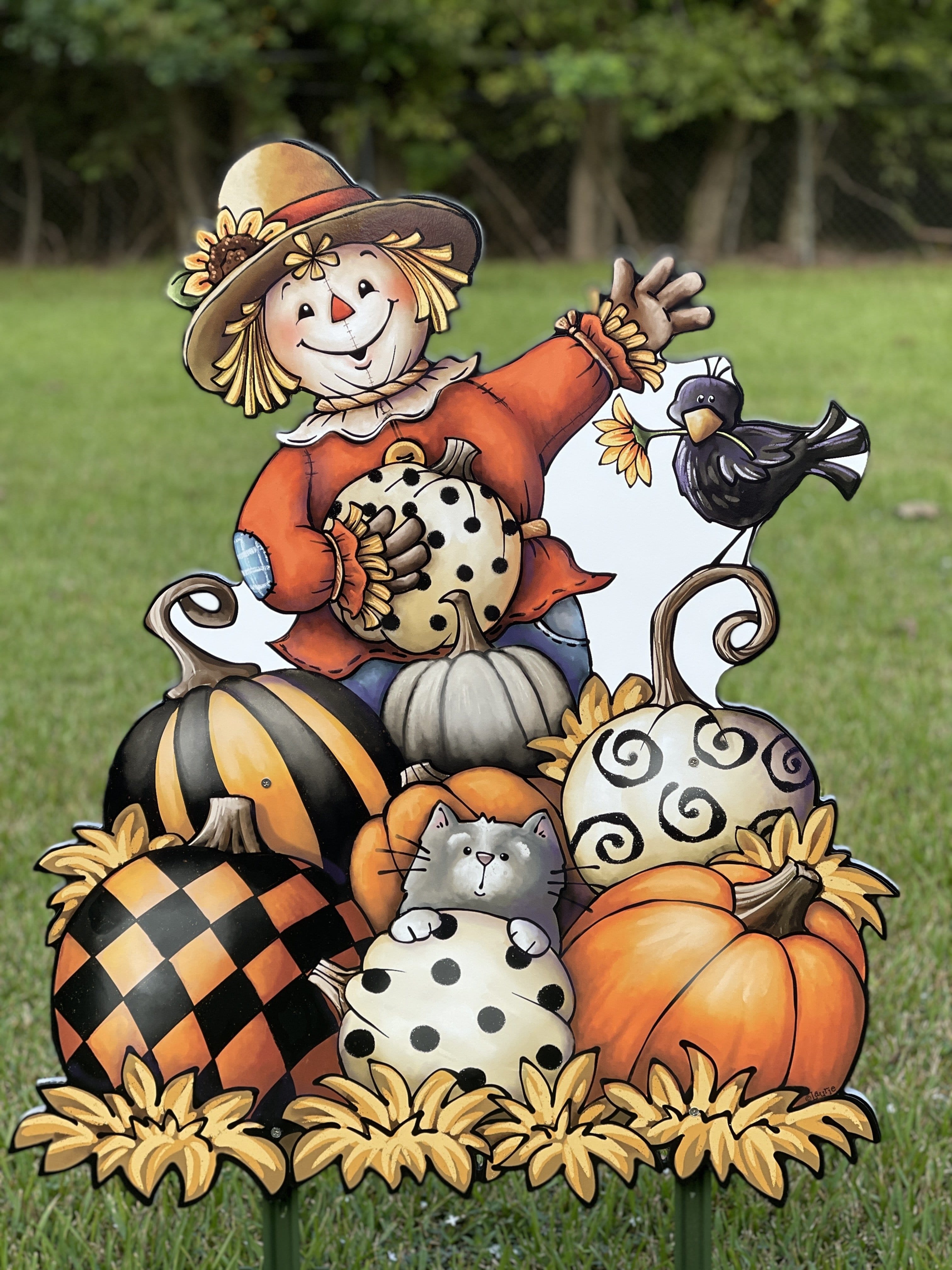 Scarecrow on Pumpkins Sign | Fall Yard Art Decoration – Yard Art