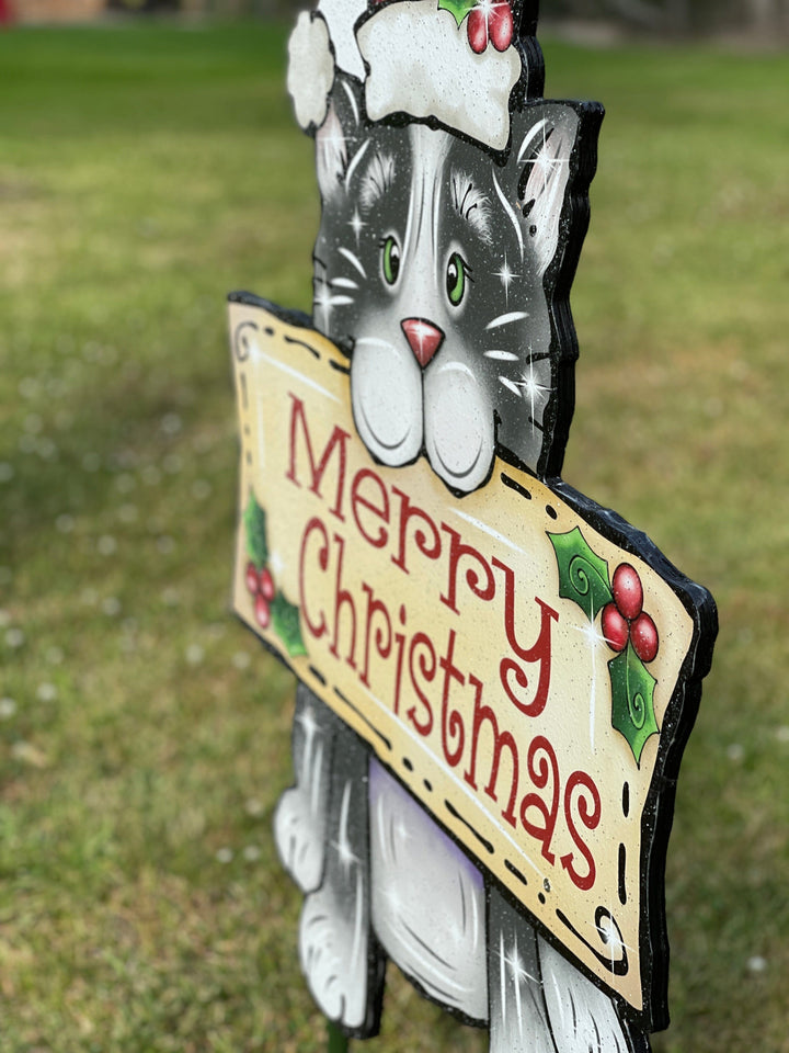 Christmas Kitty Cat with Merry Christmas Sign Outdoor Decor