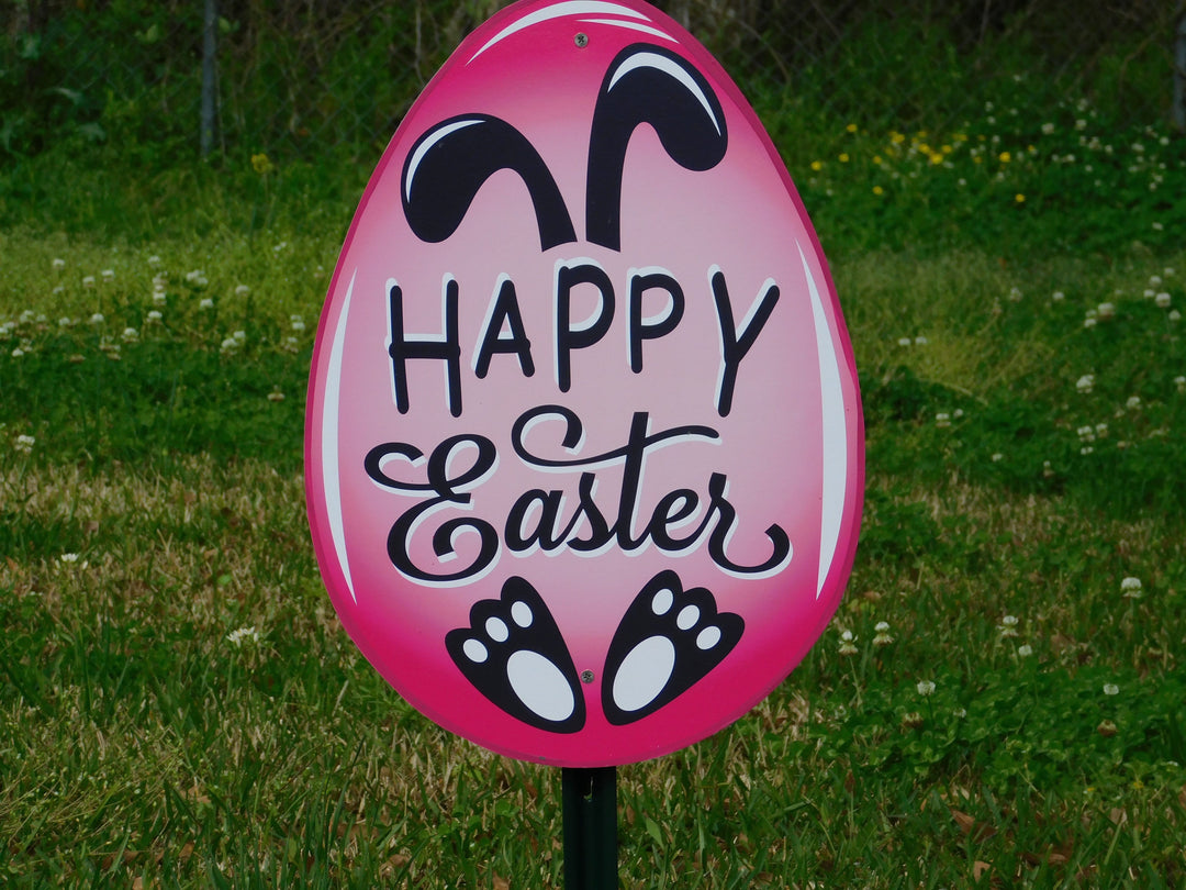 Pink Happy Easter Egg with Feet and Ears Yard Sign