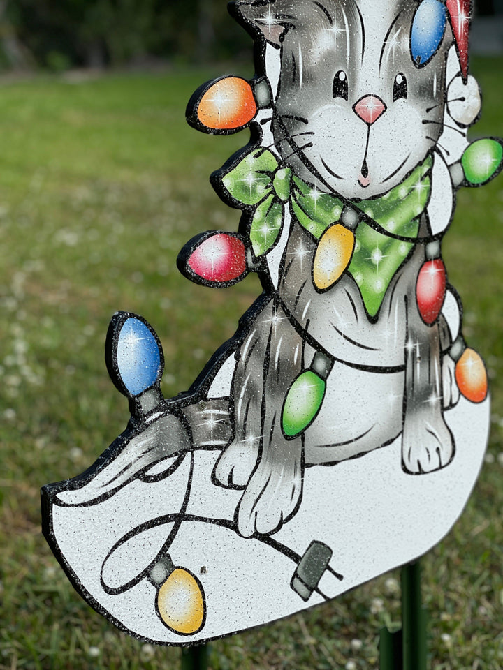 Christmas Kitty Cat wrapped in lights Yard Decoration