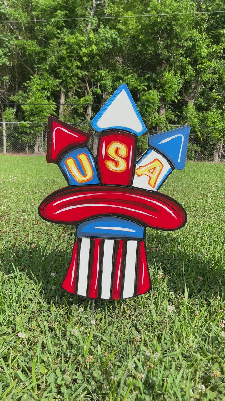 USA FIre cracker Patriotic Hat Yard Art Decoration