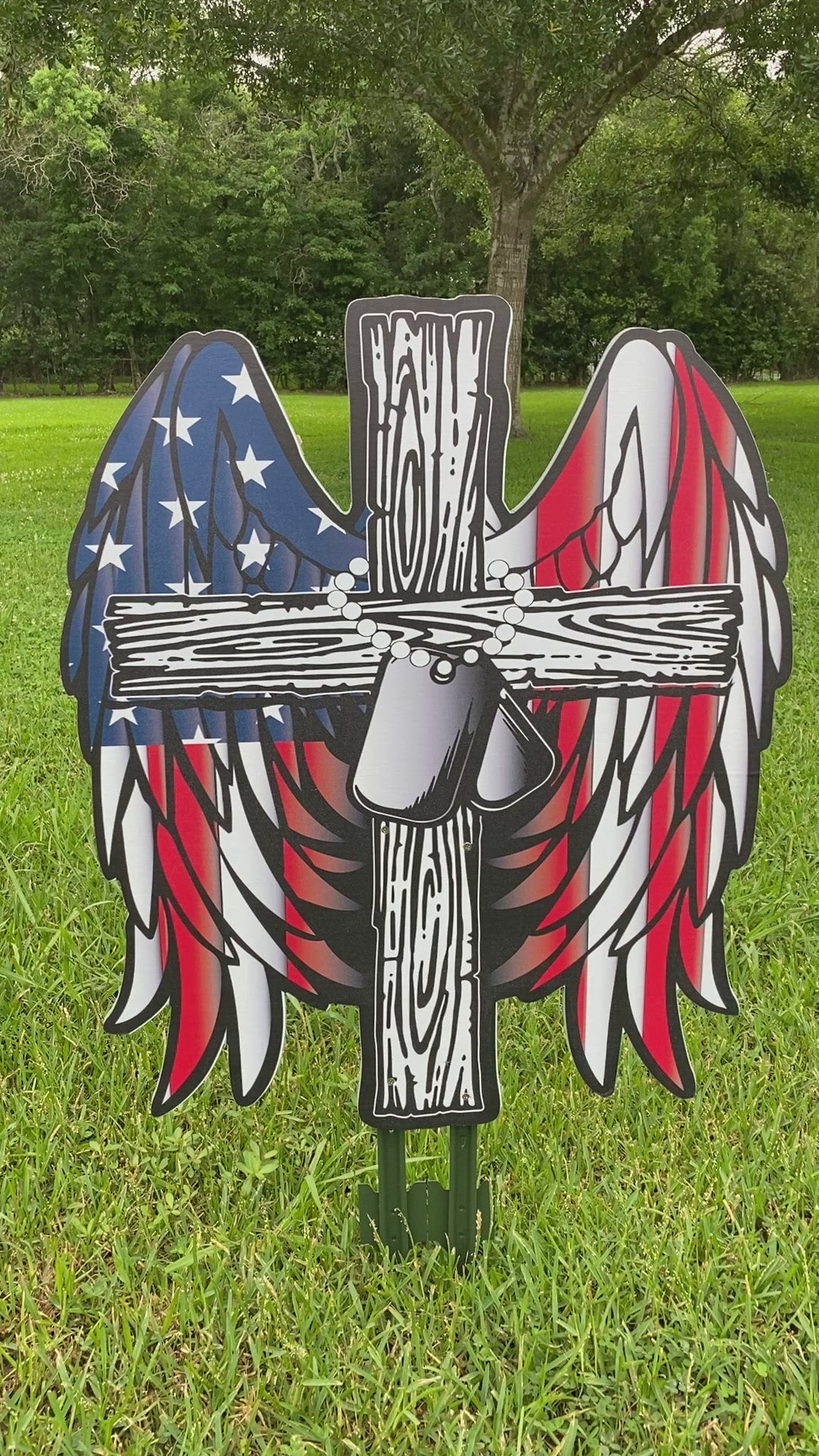 Patriotic Yard Art American Flag with Cross and Dog Tags