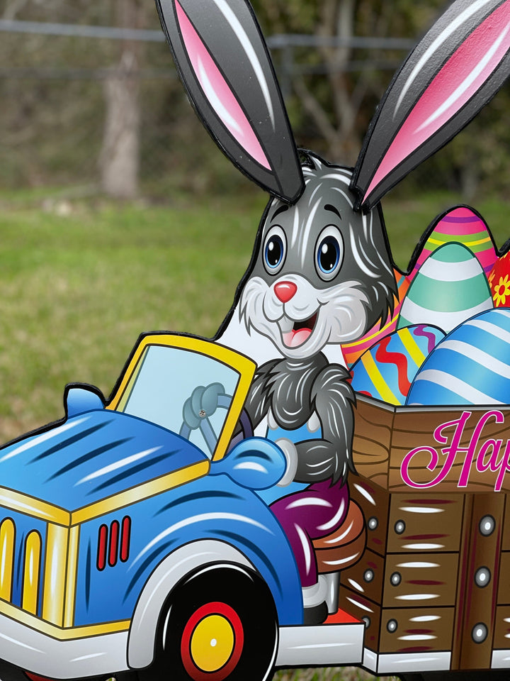 Easter Bunny Drives Cart of Eggs Yard Decor
