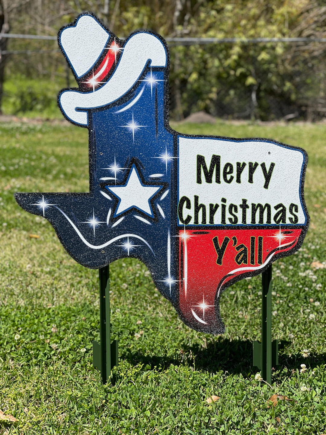 Merry Christmas State of Texas With Cowboy Hat Yard Sign