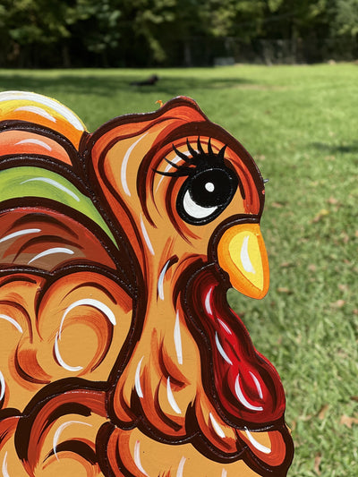 turkey on pumpkins painted yard art 
