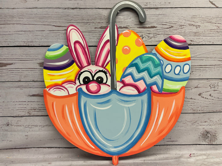 Easter Bunny in Umbrella with Eggs Yard Art