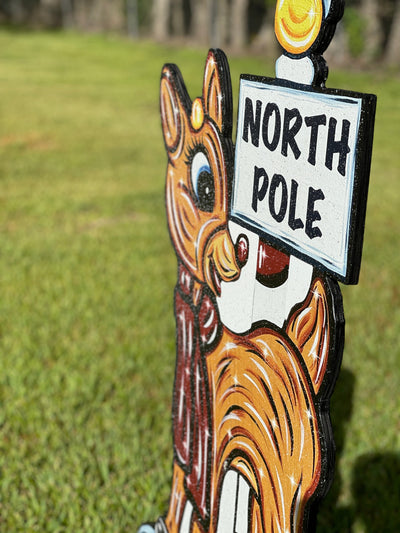 Christmas Rudolph Reindeer with North Pole Sign Yard Decor