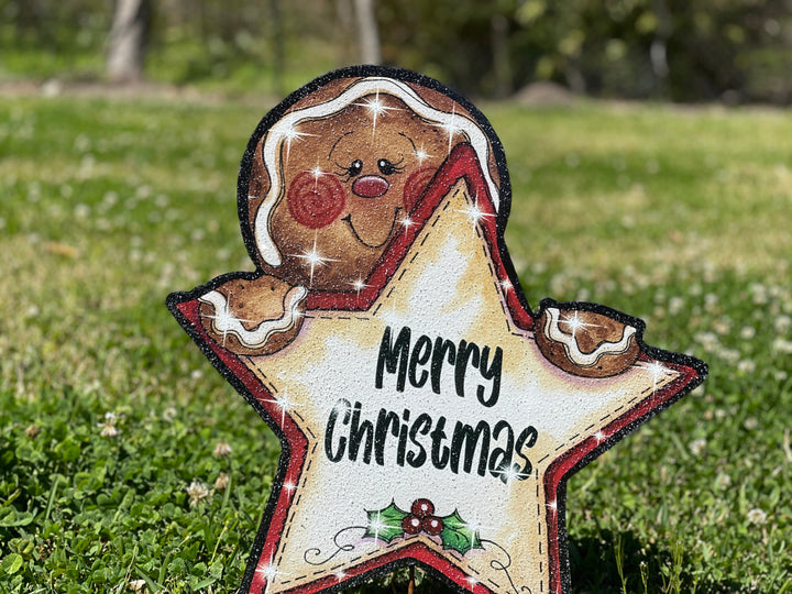 Gingerbread holding Merry Christmas Star Yard Decoration