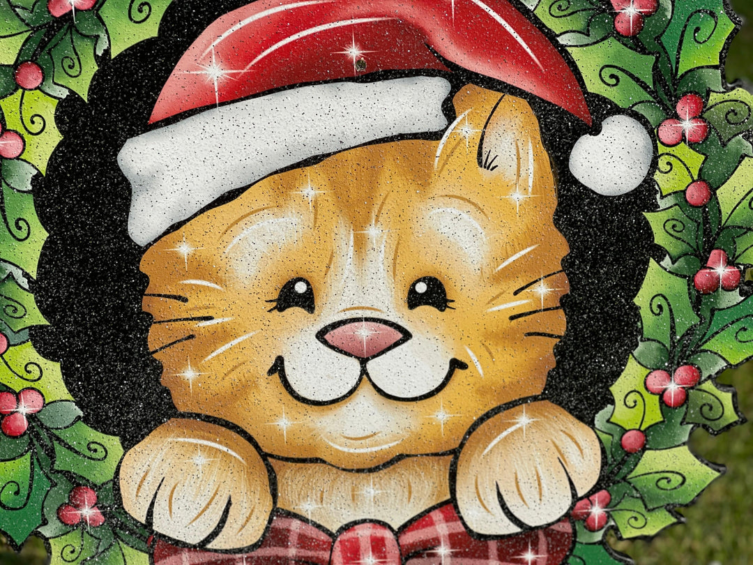 Christmas Kitty Wreath of Mistletoe and Bow Yard Art Decoration