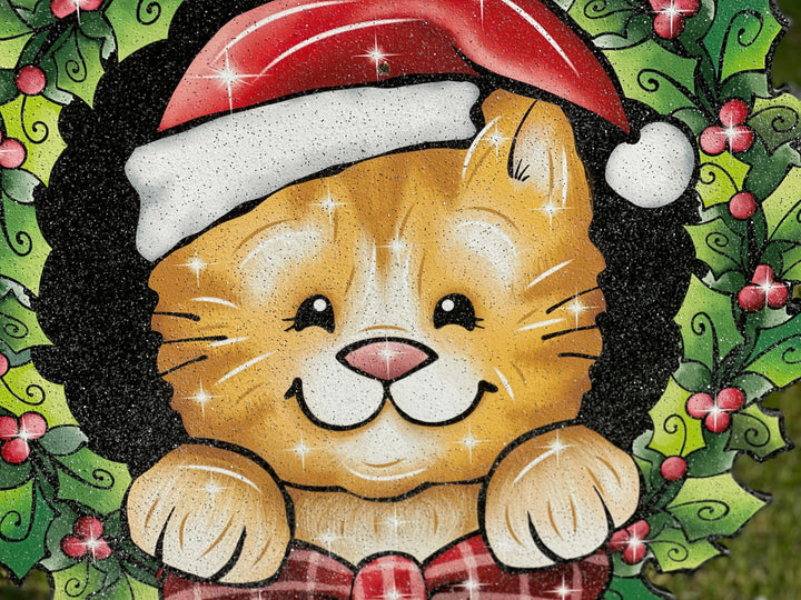 Christmas Kitty Wreath of Mistletoe and Bow Yard Art Decoration
