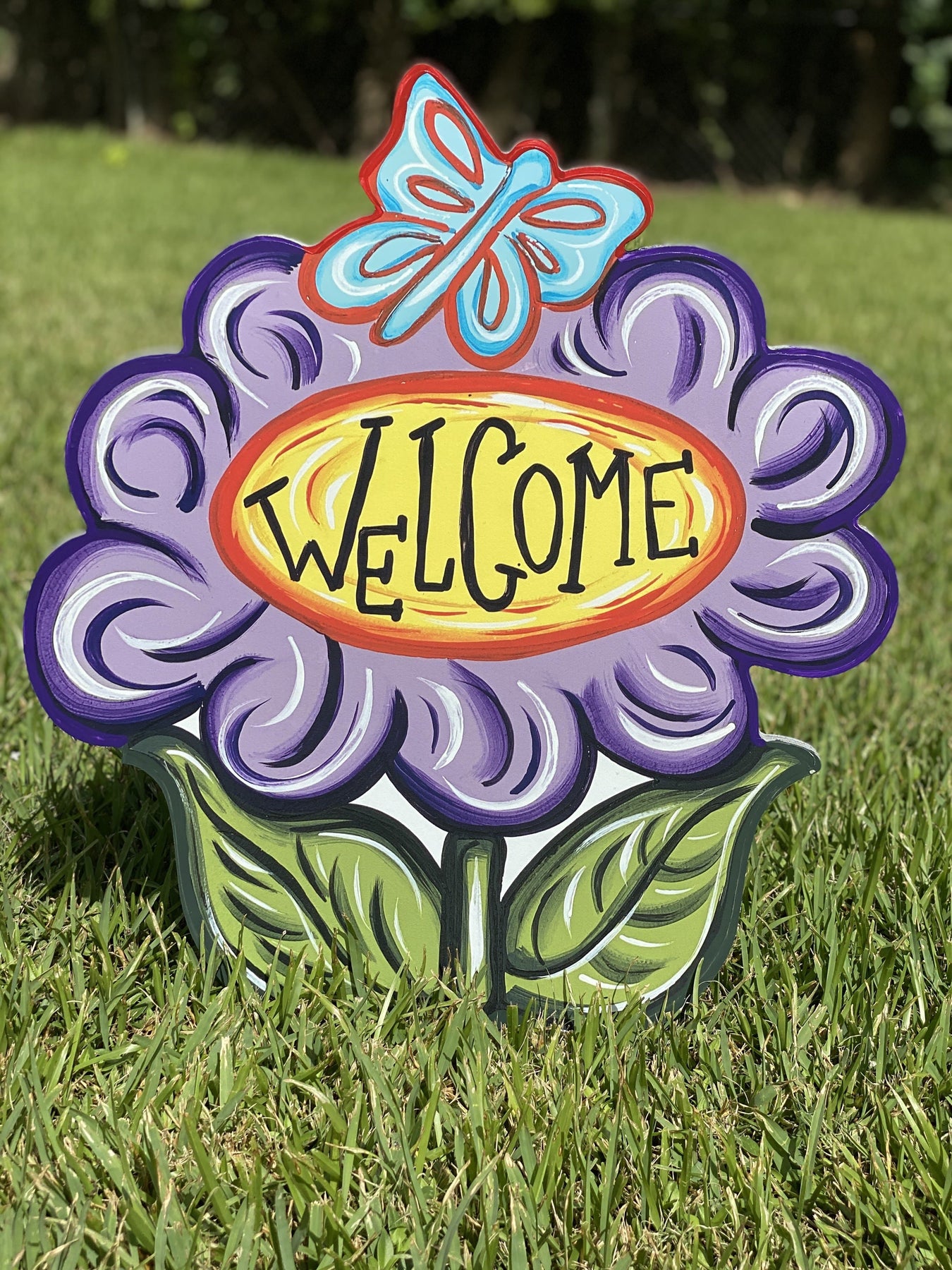 Flower with Welcome Sign Yard Decoration – Yard Art Decor and More