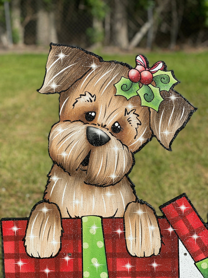 Christmas Dog climbs out of Christmas Gift Box Yard Art Decoration