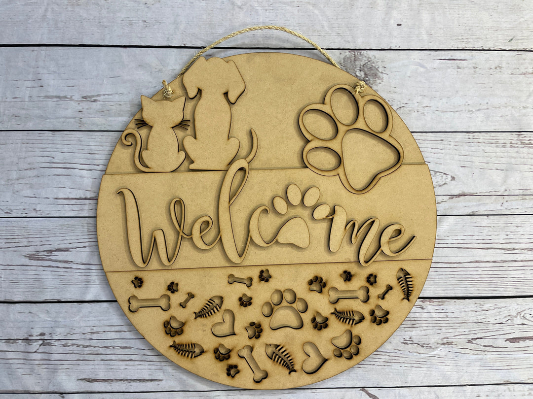 Welcome Cat and Dog with Paw Door Hanger Decor