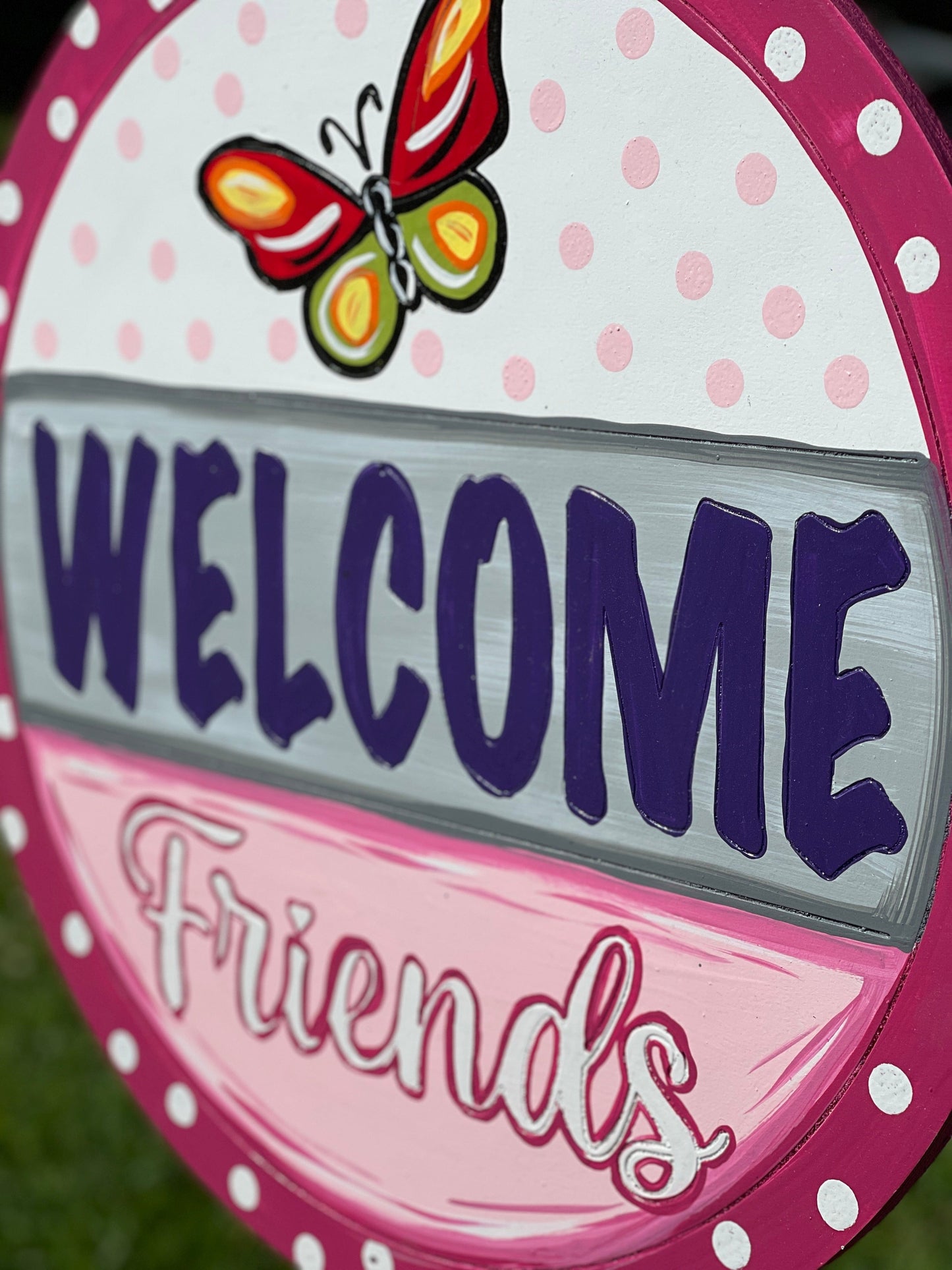 Butterfly Welcome Round Sign with a Pole