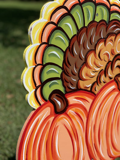 turkey on pumpkins painted yard art 
