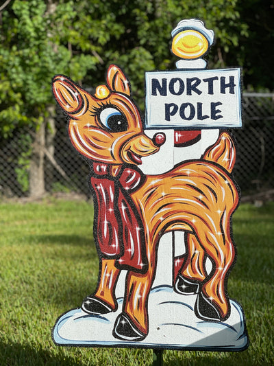 Christmas Rudolph Reindeer with North Pole Sign Yard Decor