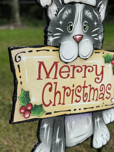 Christmas Kitty Cat with Merry Christmas Sign Outdoor Decor
