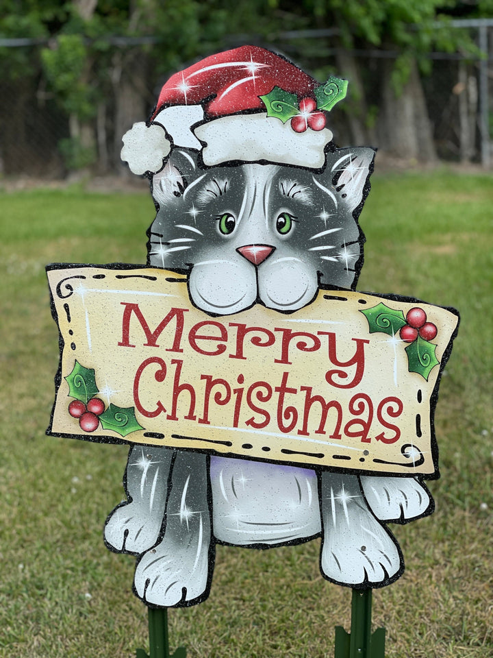 Christmas Kitty Cat with Merry Christmas Sign Outdoor Decor