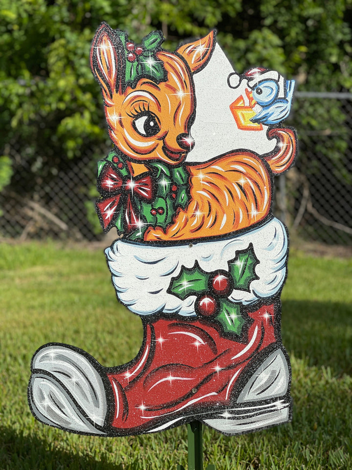 Christmas Reindeer in a Santa Boot Yard Decor