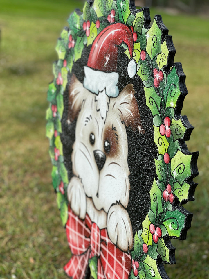 Christmas Puppy in Mistletoe Wreath Yard Decoration