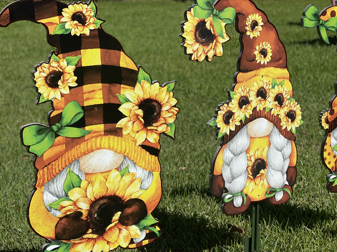 Three Sunflower Gnomes Yard Art Decoration-Sold Separately