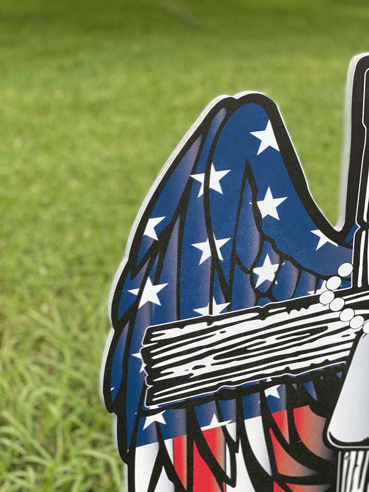 Patriotic Yard Art American Flag with Cross and Dog Tags