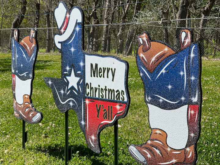 Merry Christmas State of Texas with Cowboy boots Outdoor Decor