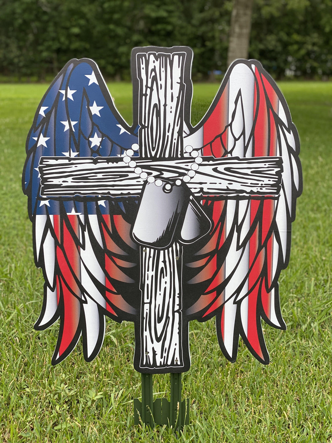 Patriotic Yard Art American Flag with Cross and Dog Tags