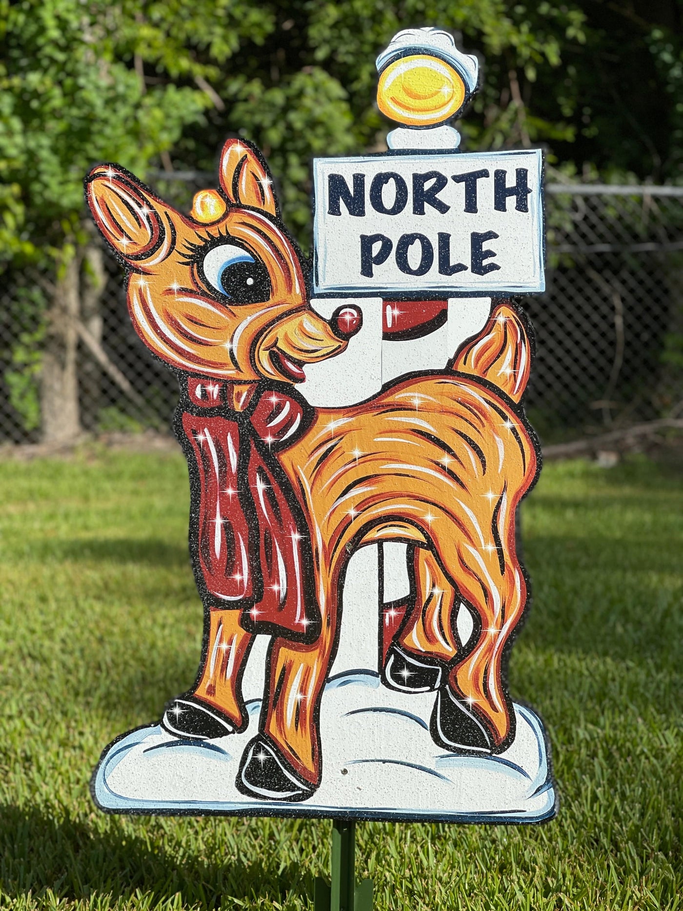 Christmas Rudolph Reindeer with North Pole Sign Yard Decor