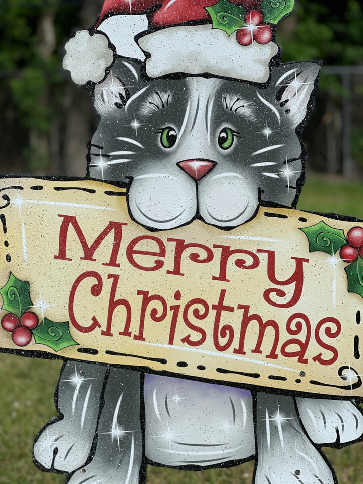 Christmas Kitty Cat with Merry Christmas Sign Outdoor Decor