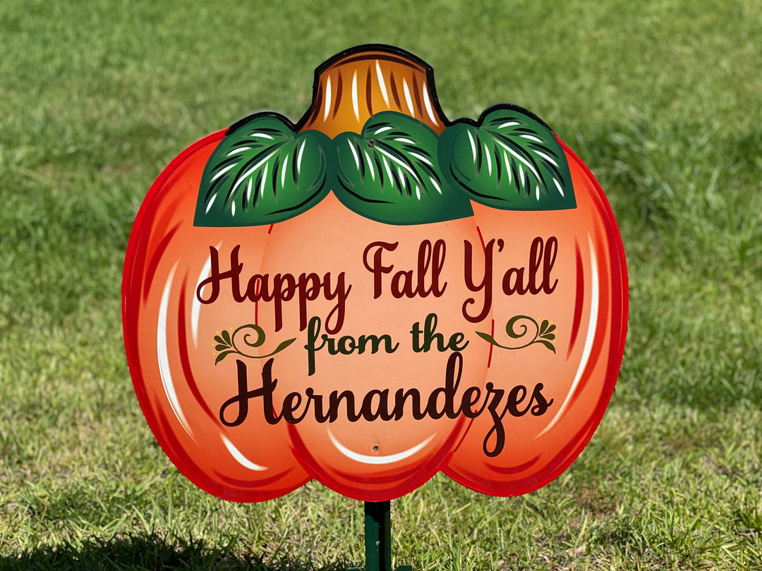 Personalized Happy Fall Y'all Pumpkin yard art decoration