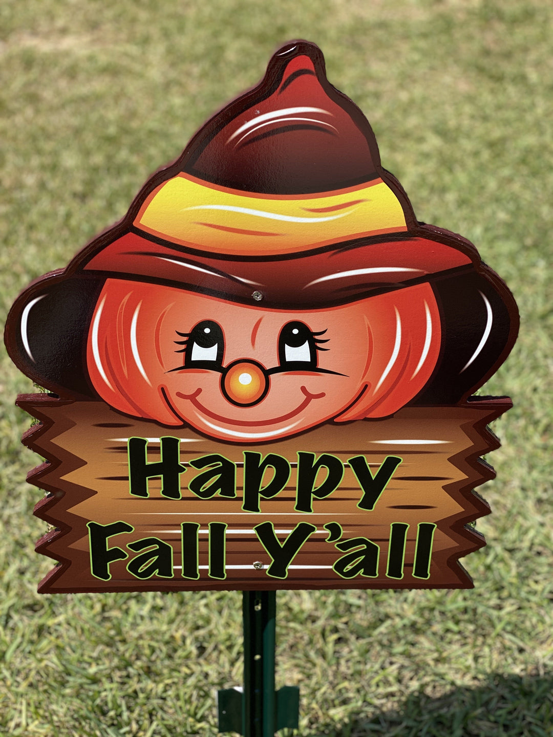 happy fall sigh under cute pumpkin with hat painted yard art design