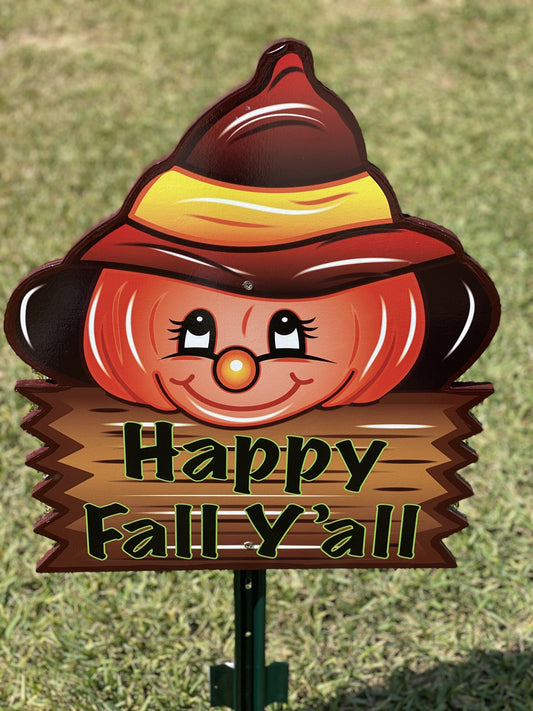 happy fall sigh under cute pumpkin with hat painted yard art design