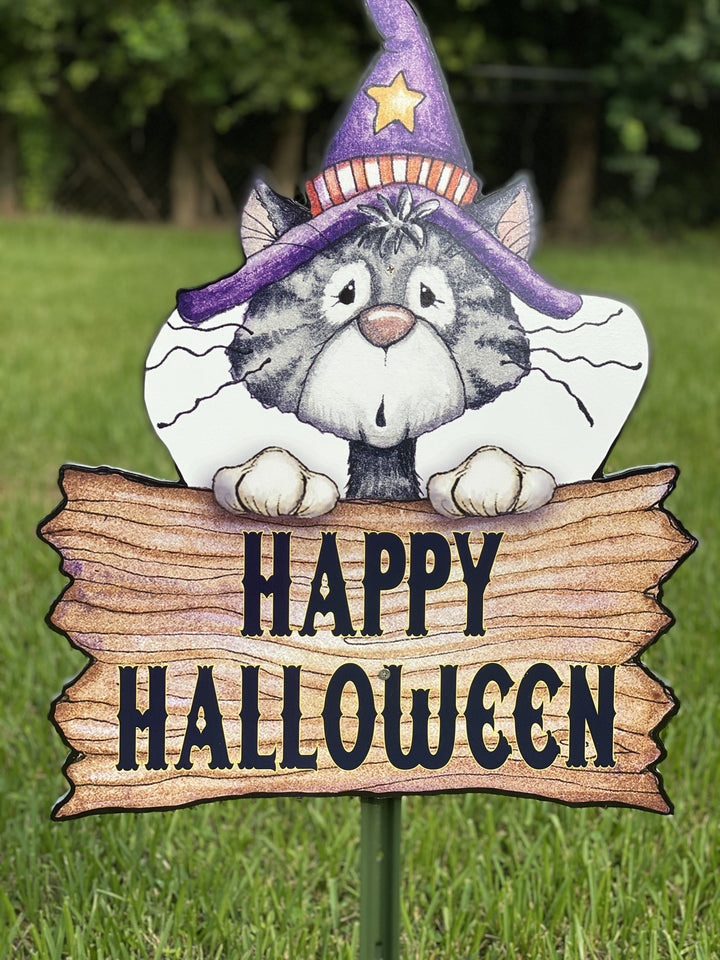 Black Cat Happy Halloween Sign Yard Art