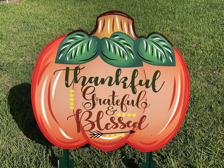 Small Thankful Grateful Blessed Pumpkin painted yard art design