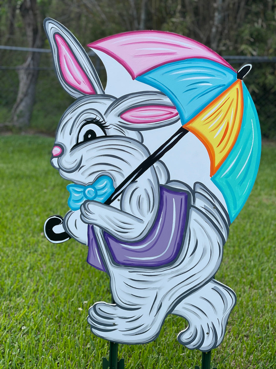 Happy Easter Bunny Walking with Umbrella Yard Sign