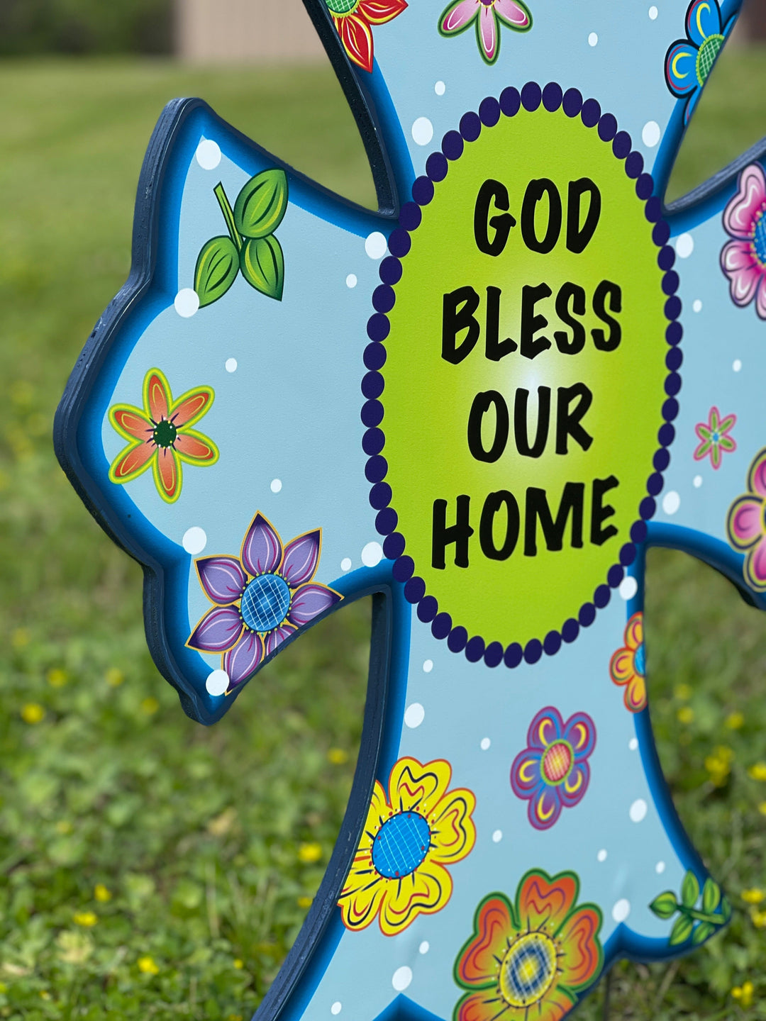 Blue Whimsical God Bless Our Home Cross